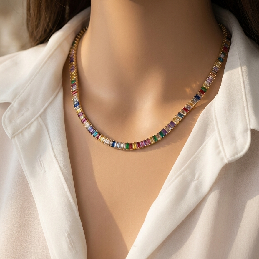 Prisma-Eternity-Choker-renkli-baget-tasli-kolye-beyaz-gomlek-manken